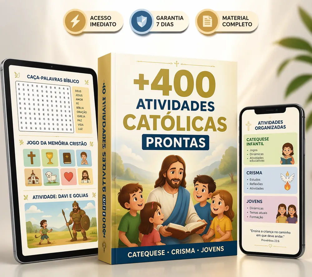 Mockup do material +400 Atividades Católicas em tablet, livro e celular