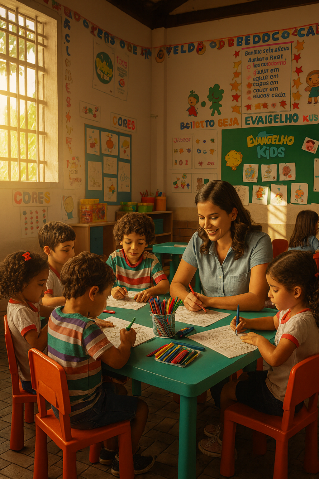 Sala de aula com painel Evangelho Kids