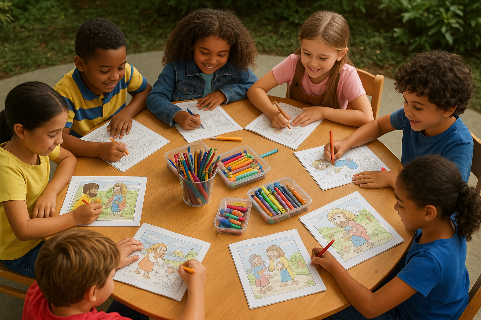 Crianças colorindo atividades bíblicas